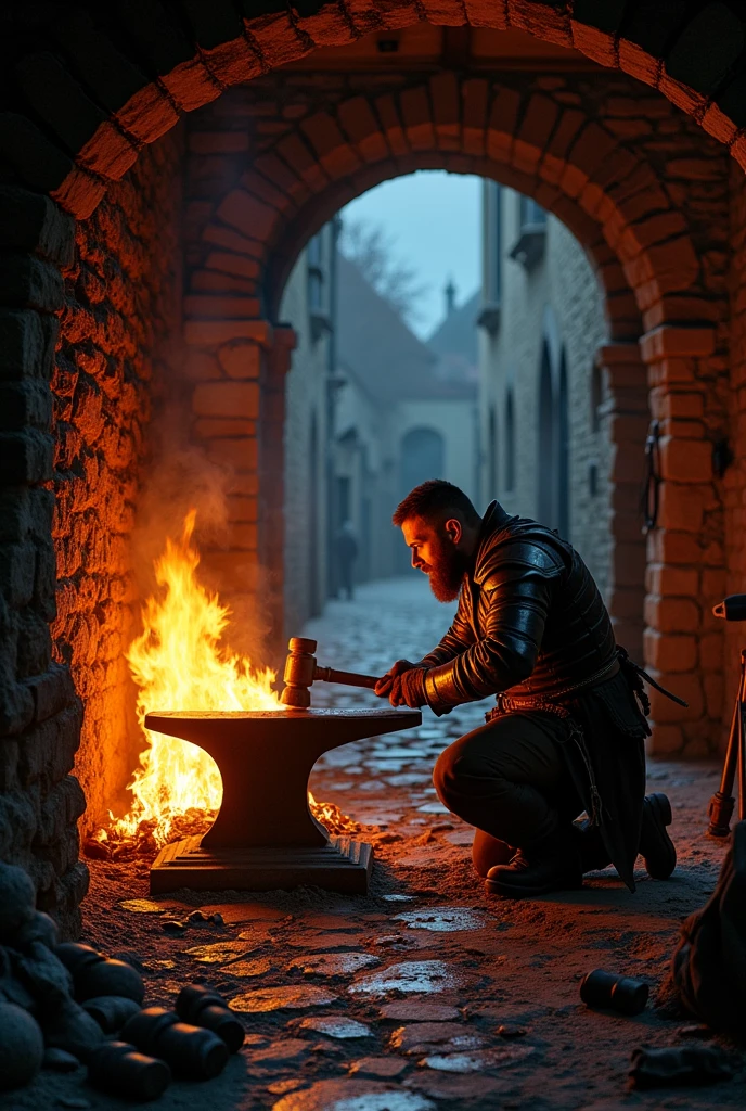 Blacksmith making armor in the embers of a fire, Middle Ages
