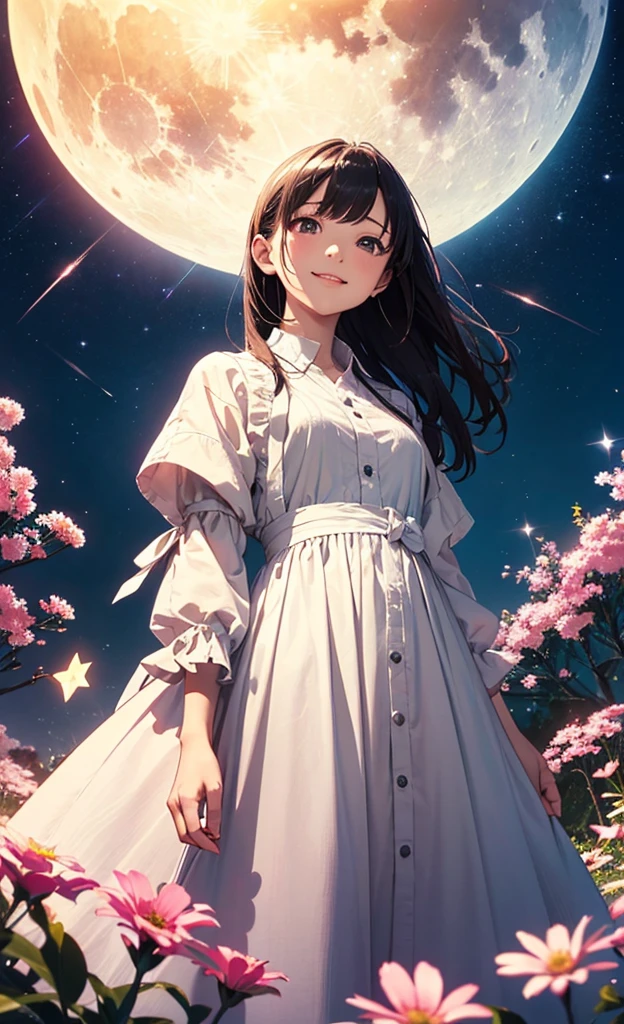 (masterpiece:1.2)、(Highest quality)、4K、Super detailed、(Movement Structure:1.4)、Very fine and colorful details、(Rainbow colors:1.2)、(Glowing lights、Atmospheric lighting)、dream-like、Magic、(solo:1.2)、Absurd, High resolution, (Official Art, beautifully、aesthetic:1.2), Highest quality、(One Girl:1.8)、(solo:1.7)、Super detailedな,Bright colors、Anime Face、Very beautiful face and eyes, Beautiful images、high resolution、Sharp image quality、very cute、Vast landscape photography、(Nitanita smile),(View from below。I can see the sky and the wilderness below.)、A girl standing in a flower field looking up、(full moon:1.2)、(shooting star:0.9)、(nebula:1.3)、Distant Mountain、Treebreak Production Art、(Warm color Light Source:1.2)、(fire Fly:1.2),(Hatsuko Endo's wedding dress:1.3),(Hair parted in the middle、Blonde smooth straight),Intricate details、Volumetric Lighting、Realism Break 、and, Very detailed, , smile, Heavy breathing, blush, Sweat,Spread your legs,魅惑的なsmile,Perverse laughter,Obscene atmosphere、Masturbation,and the shape of the female genital organs is clearly visible,,Hands on panties,Panties are wet,Your body is wet,Sweat,,Desire for dissatisfaction, White pantyhose,sperm is flowing out from between the thighs,Mouth full of sperm,bend over,Rear view,Spread your legs,魅惑的なsmile,Perverse laughter,Obscene atmosphere、Dynamic Pose