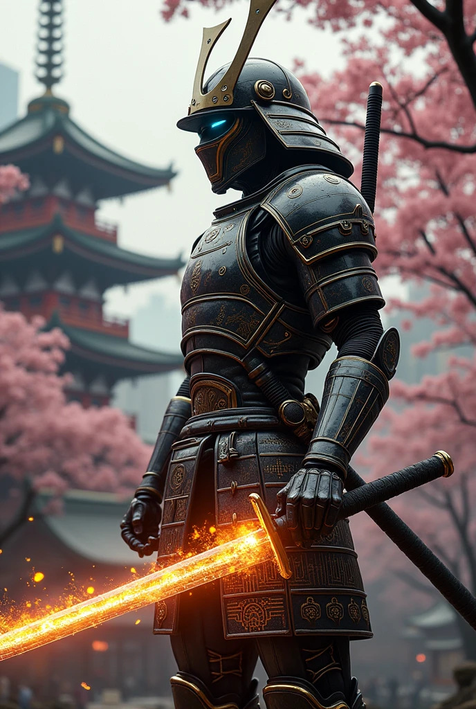 create a special katana samural with flames in his blade and a robotic samurai