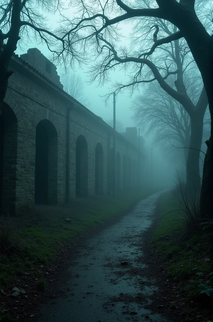 An old, abandoned prison complex with crumbling stone walls, surrounded by misty forests. The atmosphere is eerie with dim, ghostly lights flickering in the distance, and shadows of ghostly figures appearing in the fog."