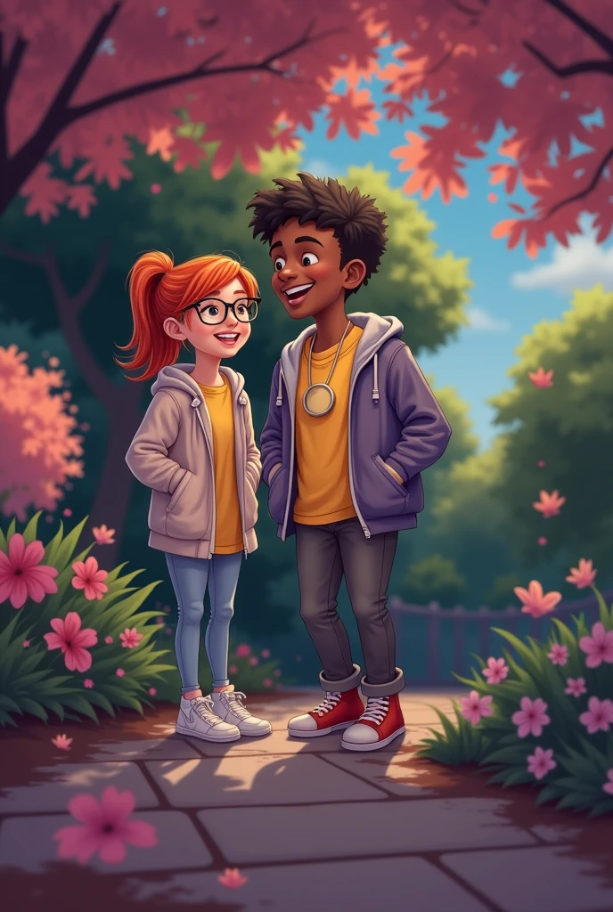 Orange haired girl with glasses and an African American boy