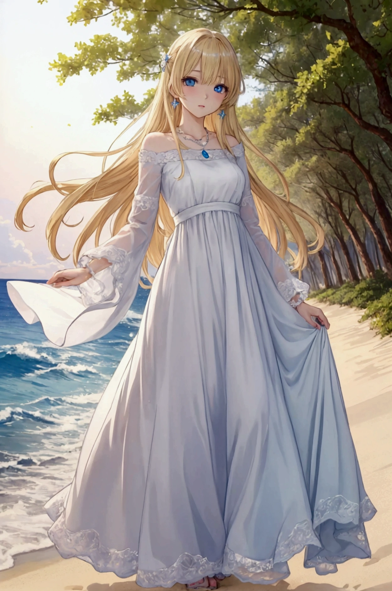 (masterpiece、Highest quality、8k、High resolution)、(Anime Girl)、Best Style、(The most beautiful face)、Clear skin、Clean blue eyes、Beautiful lips、Beautiful nose、Blonde Hair、Walking on the sand、Ocean、You can see the forest、A bright night with stars visible、Mysterious light particles emitting from the body、Very mysterious light、jewelry、necklace、dress、(whole body)、Highly detailed anime art、A complete portrayal、