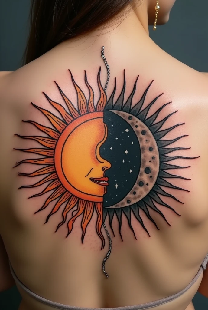 Create two complementary tattoos of the sun and moon with an old school style in all black 