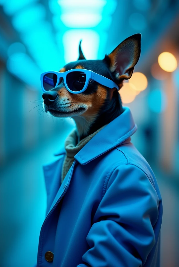 The best cell phone wallpaper, Award-Winning Wallpaper, portrait photography, In the front view is a portrait of a cute dog wearing mid-1960s space age fashion, Side view photo, Shot with Canon EOS R5, Set a strong contrast that accentuates the subject, Fluorescent blue tone, Wearing a very modern coat and sunglasses is a modern 1960s style, Clothes all in one color, beautiful background