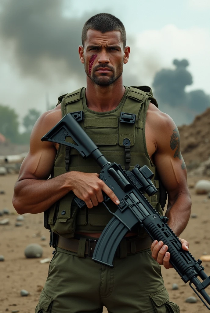 Illustrate a light brown man, all dirty with dust and all cut up, from the Brazilian army commando battalion, strong and large robust body, with short hair and no facial hair, with the thousand yard stare, holding a machine gun .50 with a cut on his face from a bayonet. He is fully equipped with the Brazilian army uniform and a heavy vest.. in the background there is a war