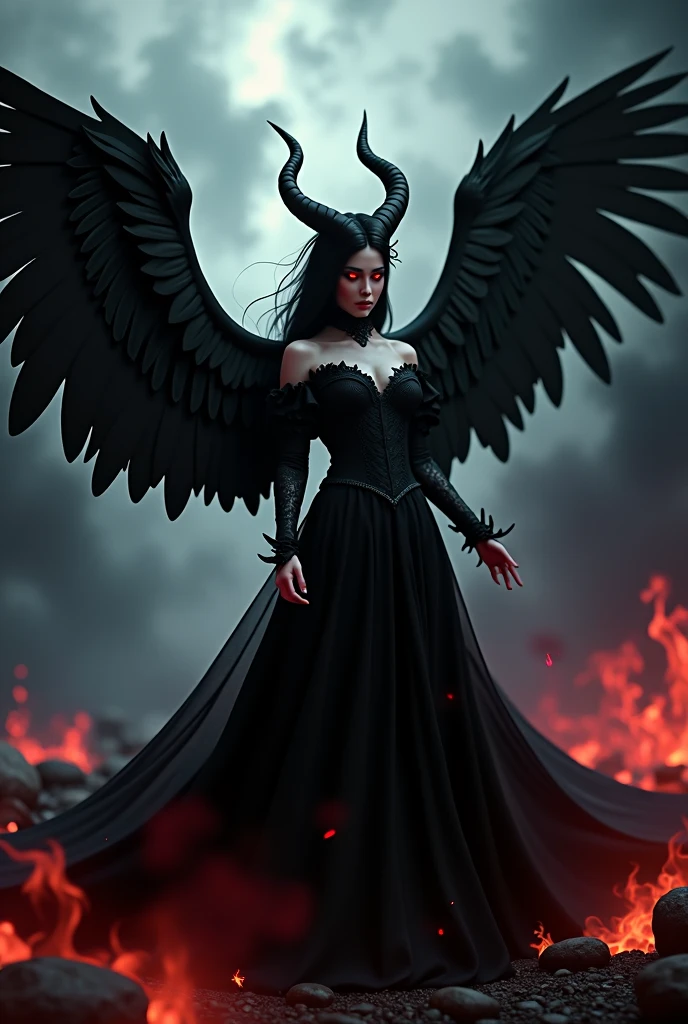 A striking 3D render of a demoness angel with large, black raven wings spread wide and red, glowing eyes that exude an intense gaze. She is adorned in dark, ethereal attire, with a flowing black gown and intricate, horned headpiece. The cinematic-style poster showcases the demoness angel in a dramatic, sweeping pose against a backdrop of swirling darkness and an ominous storm., cinematic, 3d render, poster