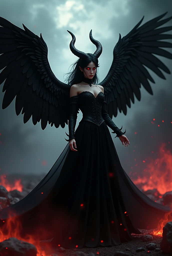 A striking 3D render of a demoness angel with large, black raven wings spread wide and red, glowing eyes that exude an intense gaze. She is adorned in dark, ethereal attire, with a flowing black gown and intricate, horned headpiece. The cinematic-style poster showcases the demoness angel in a dramatic, sweeping pose against a backdrop of swirling darkness and an ominous storm., cinematic, 3d render, poster