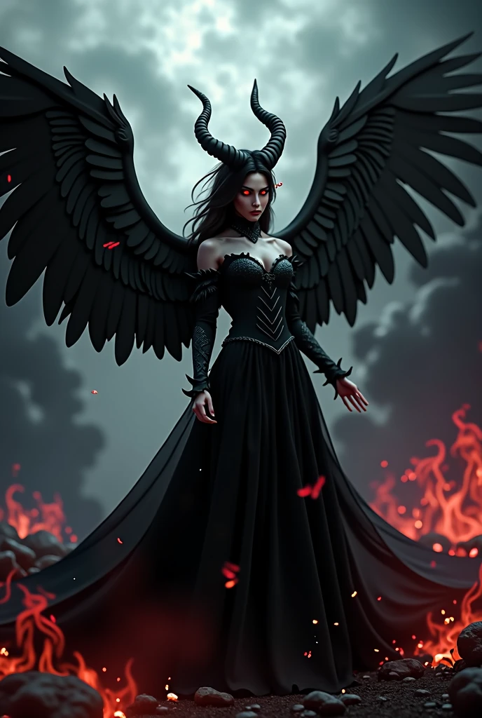 A striking 3D render of a demoness angel with large, black raven wings spread wide and red, glowing eyes that exude an intense gaze. She is adorned in dark, ethereal attire, with a flowing black gown and intricate, horned headpiece. The cinematic-style poster showcases the demoness angel in a dramatic, sweeping pose against a backdrop of swirling darkness and an ominous storm., cinematic, 3d render, poster