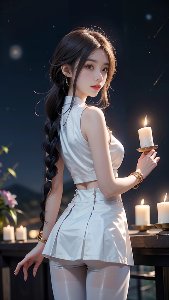 ulzzang-6500-v1.1, (RAW photo: 1.2), (Real photo), (Real photo: 1.4), 1 girl、Perfect anatomy、19 years old、Looking at the camera、((from behind), Medium length hair、side braid, short white uniform skirt, holding a white jade bracelet next to the flickering candles at night, under the starry night sky, ((starry night: 1.1))、(Hyperrealistic tights: 1.2), (Business service)、Asian eyes Ella,