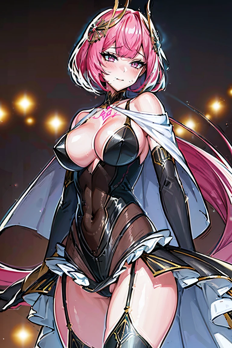 Smooth and Flawless Skin, Expressive and Captivating Eyes, Well-Defined Facial Features, Radiant and Healthy Glow, Perfectly Proportioned Face, Graceful and Symmetrical Features, Fine Details and Realistic Texture, cute face, absurdres, vivid color, beautiful portrait of cute anime girls, anime best girl, anime screencap, anime style, finely detailed, insanely detailed, exquisite, fantastic, amazing quality, top quality, professional quality, high quality, finely quality, official art, production art, super detailed skin, clear eyes, light eyes, light image, gleaming skin, oil skin, shiny skin, accurate face parts, cinematic, extremely detailed beautiful face and eyes, fair skin, 16k, 32k, 16k portrait, 32k portrait, masterpiece, Highest quality, ultra Detailed beautiful face and eyes, Detailed eyes, High resolution, beautiful, super fine illustration, extremely detailed unity cg 8k wallpaper, fearless face, perfect eyes, deep detailed eyes, perfect face, low ponytail, pink hair, hair ornament, pink eyes, leotard, zipper, white showgirl skirt, bare shoulder, thighighs, thigh high boots, bare thighs, cleavage, cleavage cutout, adult face, elbow gloves, jewelry, garter belt, garter straps, (((chest tattoo))), hair between eyes, evil grin, perfect hands, perfect fingers, five finger, four finger and one thumb, skin tight, straight bangs, beautiful hair, (((very long skirt))), sexy, (((short cape))), cowboy shot, perfect proportion, perfect anatomy, perfect female body,