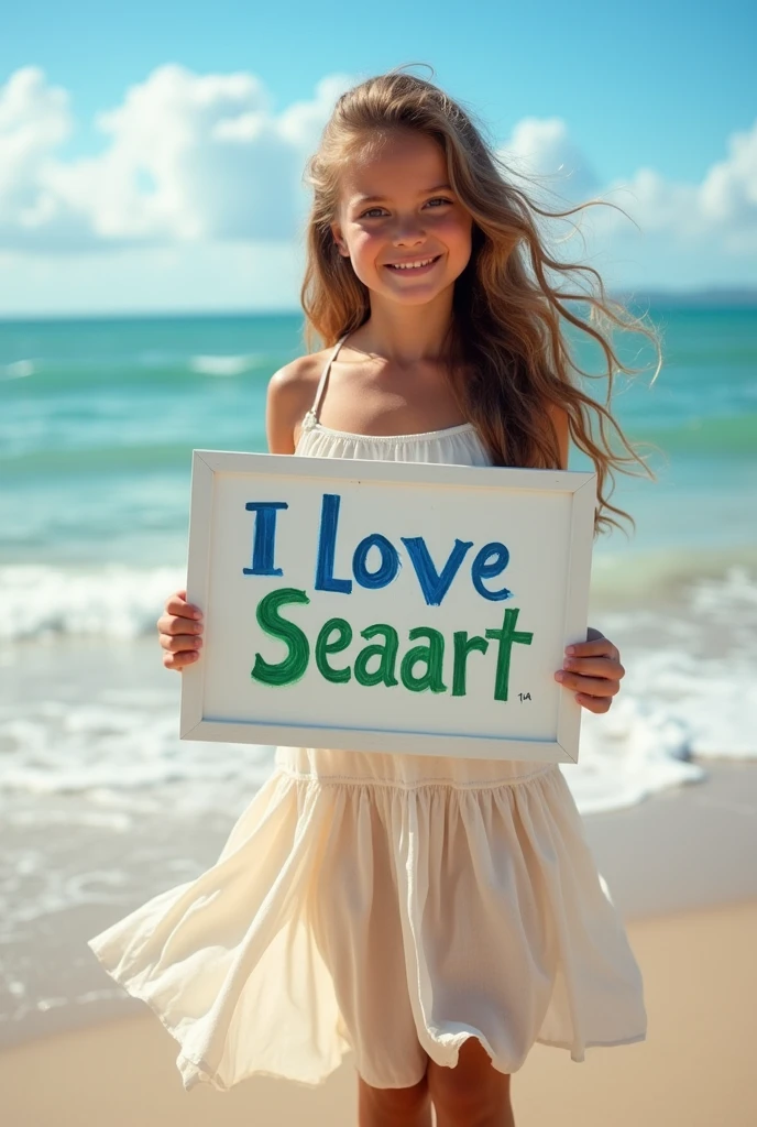 Beautiful girl with wavy long hair, bohemian dress, holding a white board with text "I Love Seaart Infinity" and showing it to the viewer