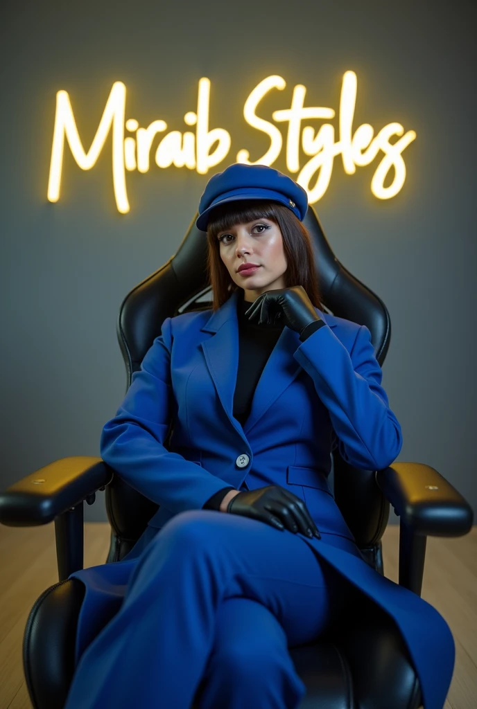 A business man women sitting in gaming chair wearing blue coat and hat background face Zoom lighting room background in gray wall writing "Miraib Styles" White colour Yellow neown glow