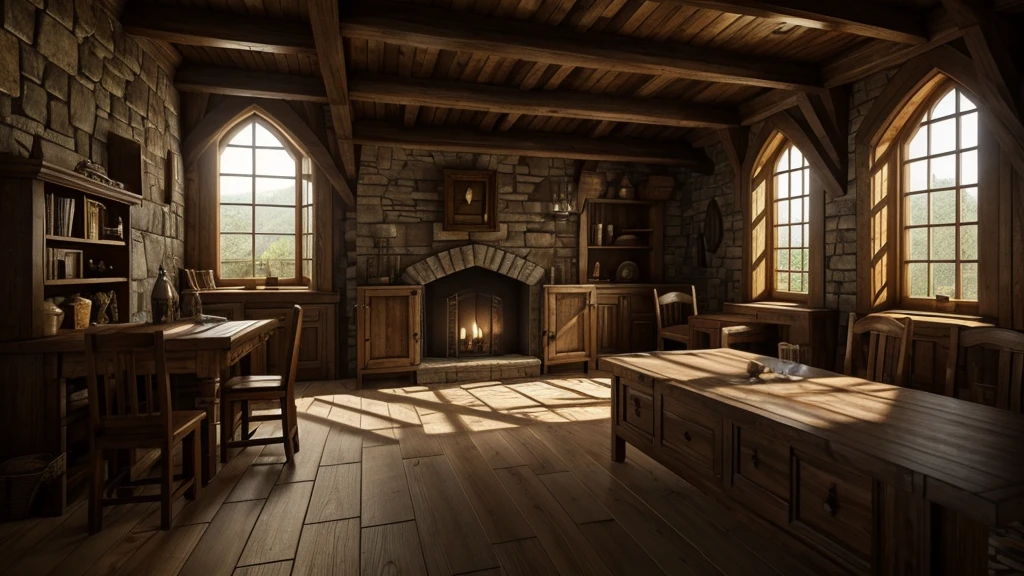 Create a highly realistic 3D rendering of a medieval game setting. The scene must be horizontal medieval room interior
Natural Lighting: Use soft lighting that highlights the textures of stone and wood, creating realistic shadows that add depth to the scene.