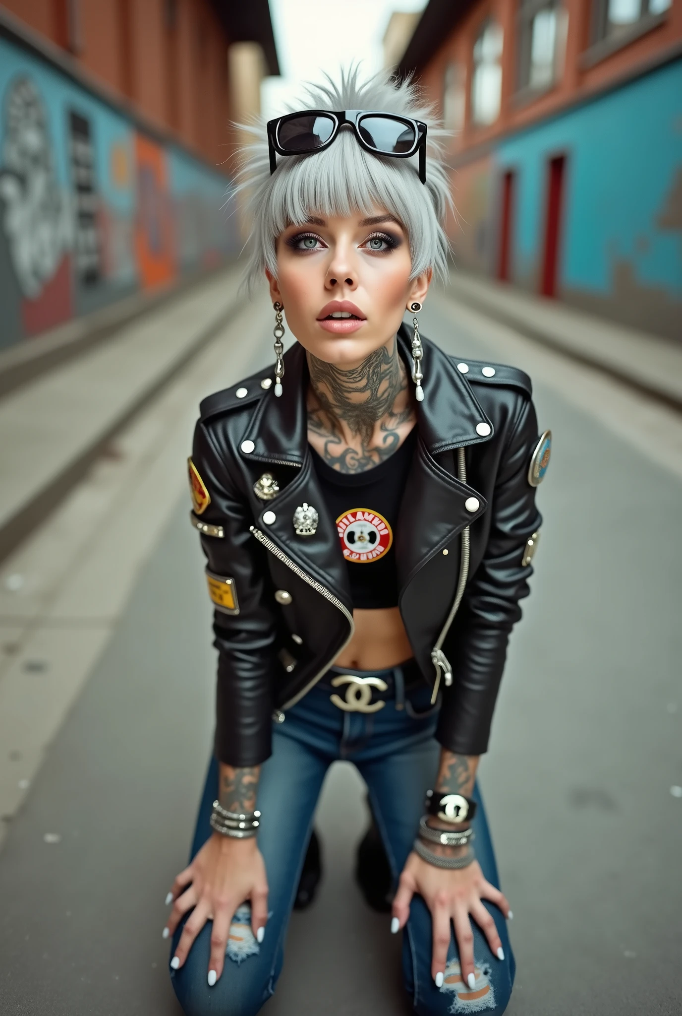russian old milf woman, grey hair (pompadour, ponytail, shaved sides), wearing  big oversized square sunglasses as headband, with very light blue eyes, extremely pale. Wearing cropped black moto jacket (padded shoulders) with lots of zippers and badges on jacket flaps, cropped t-shirt with big motorcycle club logo, dark blue jeans with holes and pointy Chelsea boots with cuban heels . Big silicone breasts. Lots of metallic bracelets, long pendants and lots of collars. Tacky leather belt with oversized chanel buckle. Long earrings. Kneeling, like in prayer, humbly looking at the camera, legs spread, tilted head, eyes and mouth wide open in amazement. Hands fixing her hair, toned abdominals, thin legs and thin arms. Tattoed chest, hands, belly and arms. Realistic 
