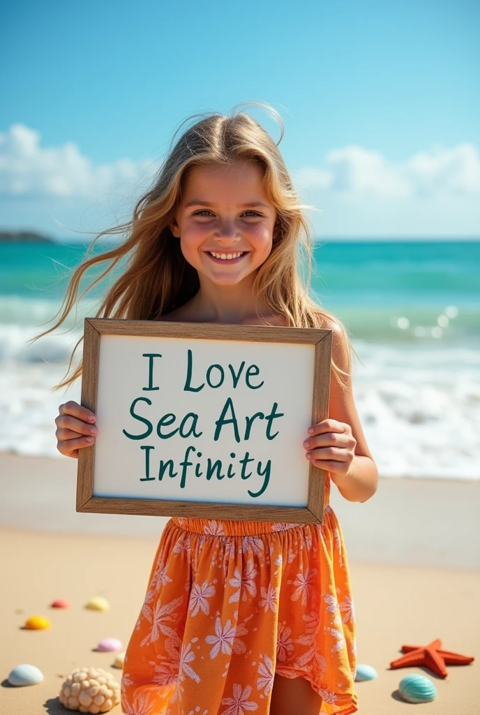 Beautiful girl with wavy long hair, bohemian dress, holding a white board with text "I Love Seaart Infinity" and showing it to the viewer