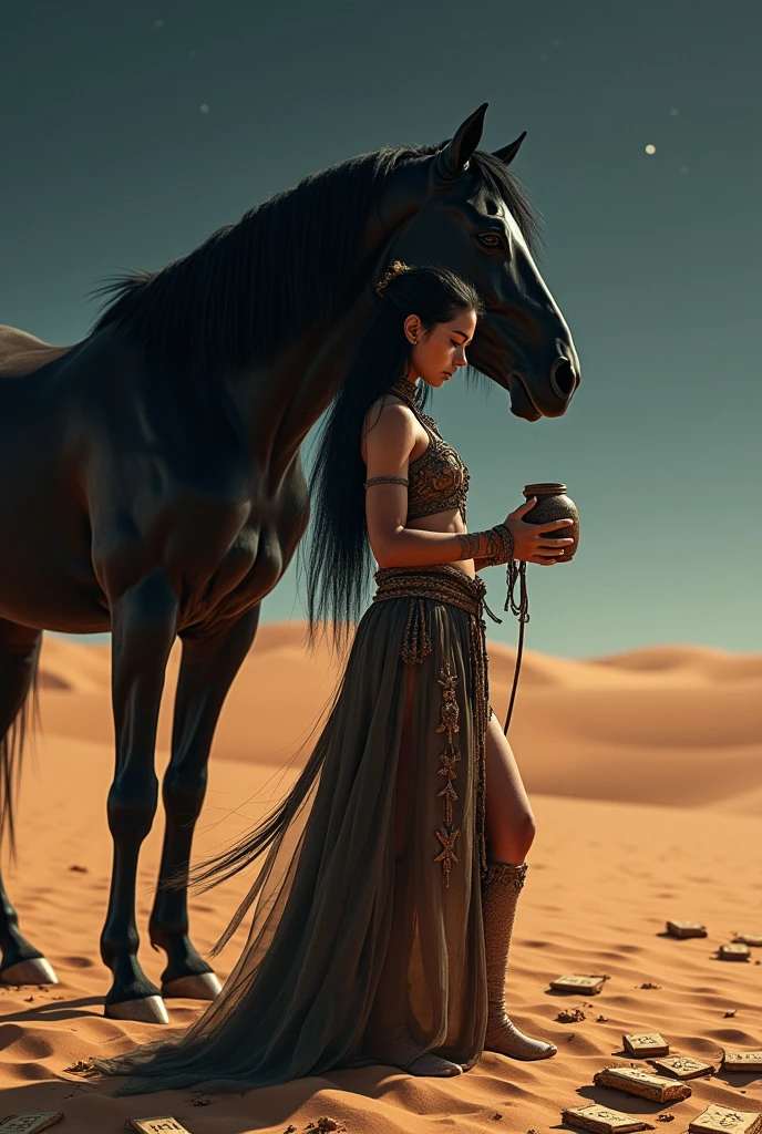 Draw a picture of a girl of 30 years old in brave's costume, having straight black hair standing in desert holding a jar. The girl is holding a small chit and reading it.
On desert there are lots of chits everywhere without led lights.
A black horse is standing behind the girl on left side.
The whole picture is in dark mode.