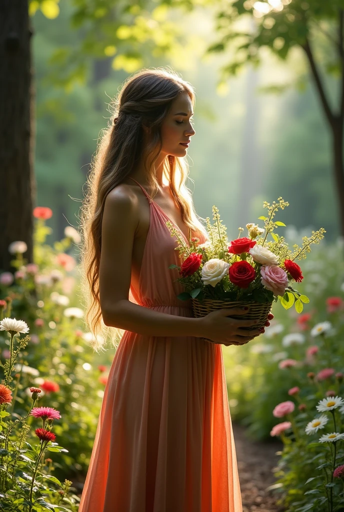 Create a spring image for a shamanic ritual that engages women's emotions, tones that remind us of spring, white and red roses and also flowers that match these roses, a woman holding a basket of flowers picked from this image that will be created as if it were a forest garden, do it in a way that reminds me of mysticism
