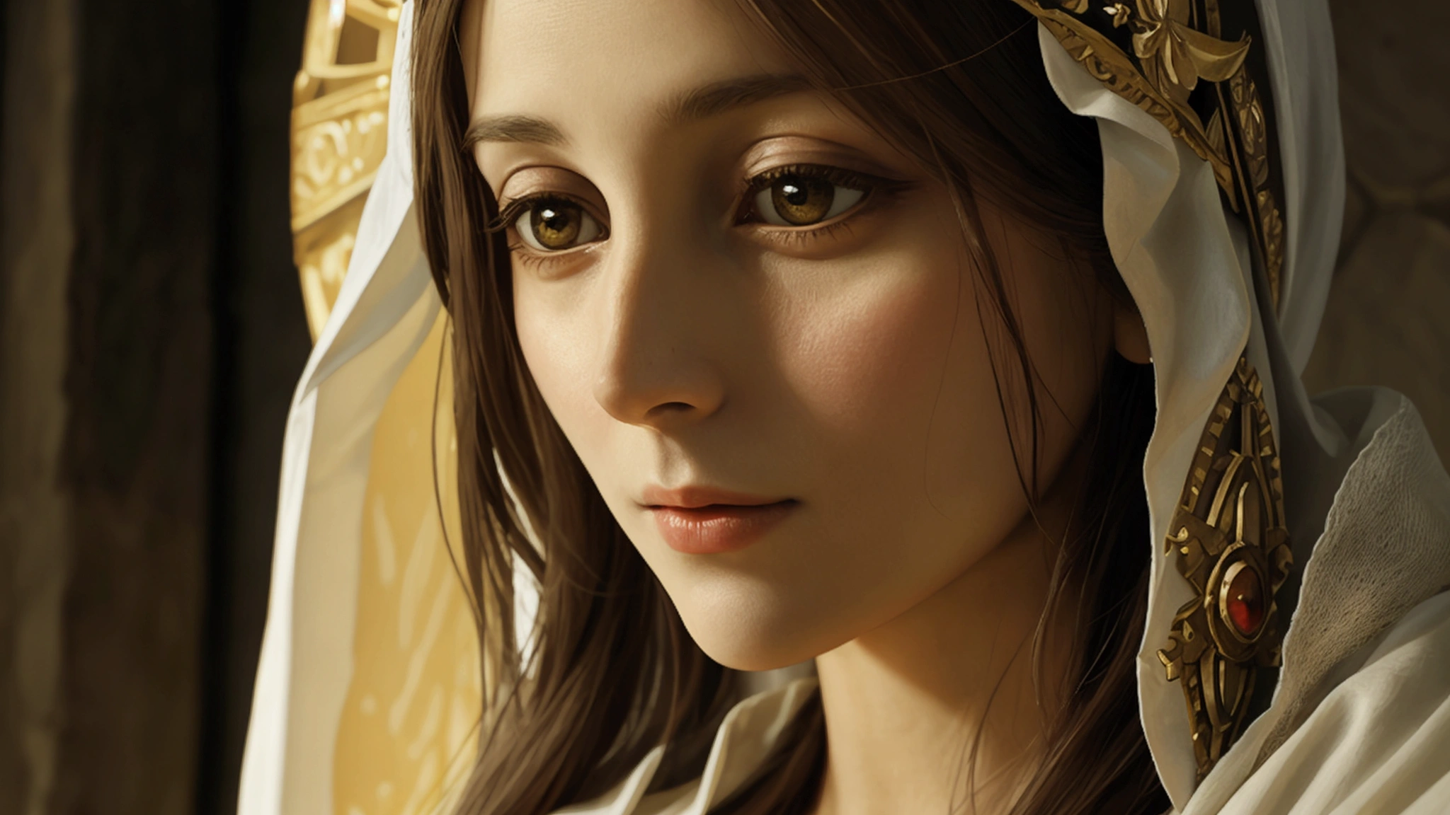 "Description: Illustrate Mary Magdalene in a prominent role as a spiritual leader and recipient of Jesus’ teachings.
Details: Create a visual depicting Mary Magdalene as an influential figure, perhaps in a setting with Jesus and other disciples. Show her receiving teachings directly from Jesus, with a focused and reverent expression. Surround her with symbols of leadership and spirituality, such as scrolls, a radiant light, or a halo. Use warm, inviting colors to emphasize her role as a central, respected figure in early Christian spirituality, contrasting with traditional depictions of her."