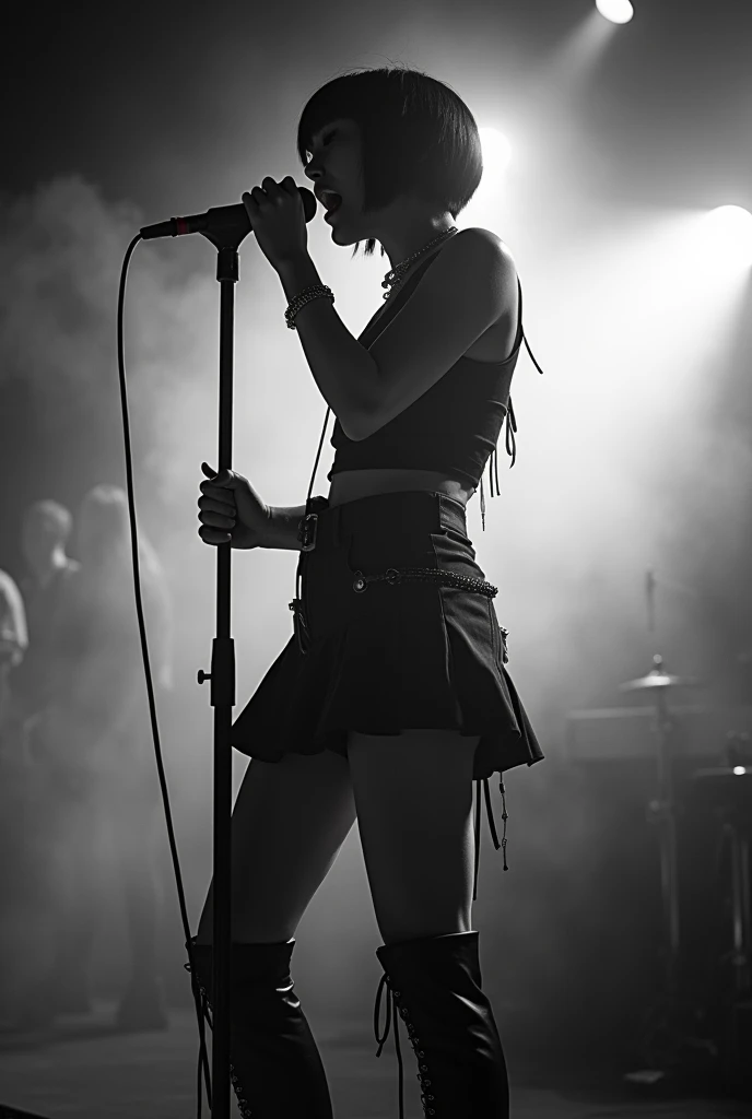 A cleavage big enough to hold a penis、Japanese women、Yui Aragaki、Female vocalist with short bob hair、Wearing a T-shirt、Skirt flip、Solo artist、live house、Lots of stage smoke、Black and white photography、Thick eyelashes、Extensions、Smoking、Holding a microphone on stage