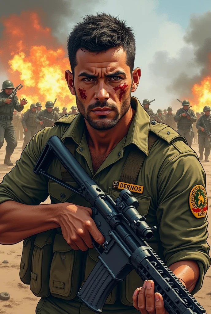 Illustrate a light brown man, all dirty with dust and all cut up, from the Brazilian army commando battalion, strong and large robust body, with short hair and no facial hair, with the thousand yard stare, holding a machine gun .50 with a cut on his face from a bayonet. He is fully equipped with the Brazilian army uniform and a heavy vest.. in the background there is a war
