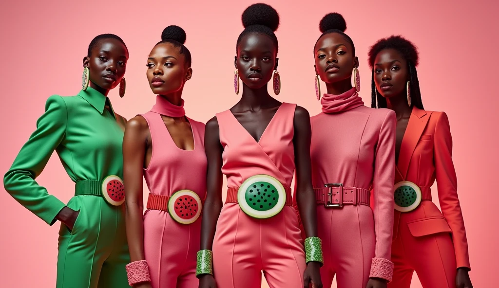 women in futuristic stylish watermelon clothes with a variety of massive accessories, low angle, studio photo, studio light