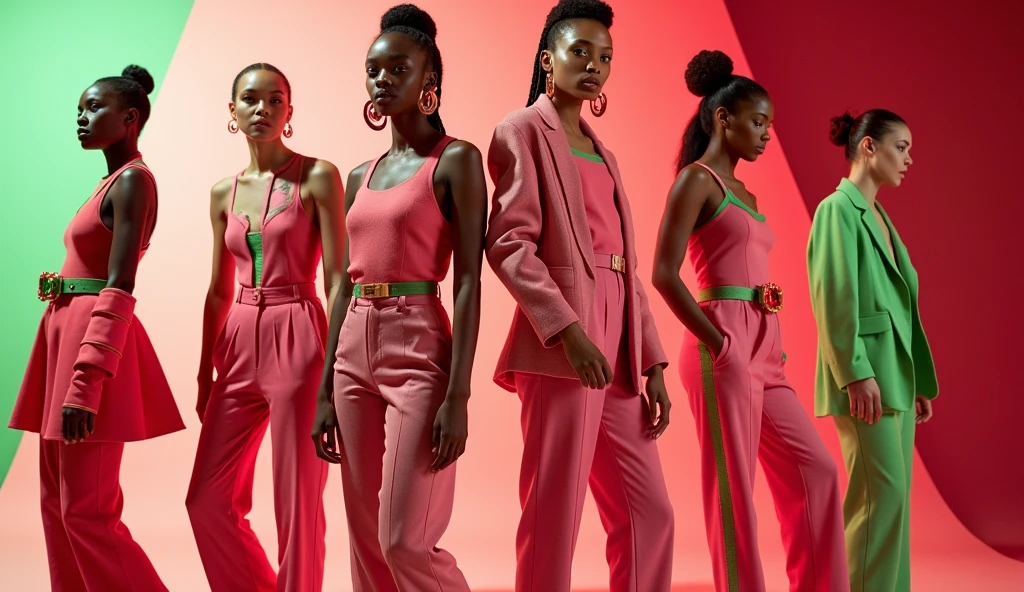 women in futuristic stylish watermelon clothes with a variety of massive accessories, low angle, studio photo, studio light