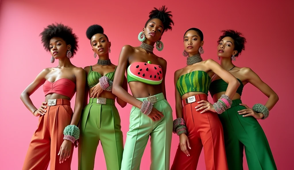 women in futuristic stylish watermelon clothes with a variety of massive accessories, low angle, studio photo, studio light