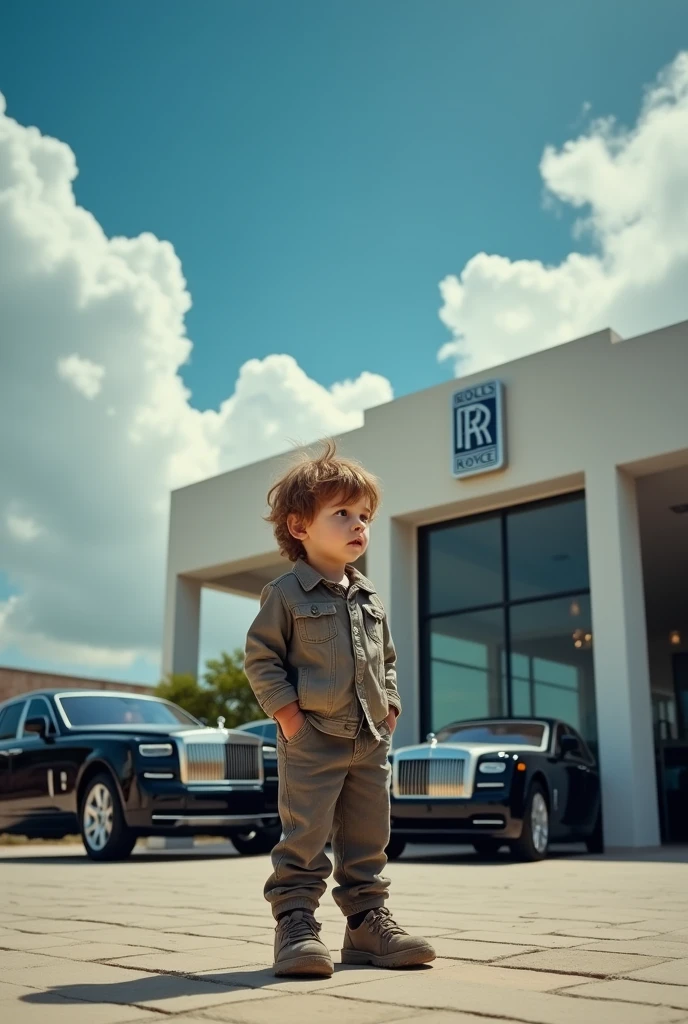 Imagine a realistic poor boy standing infront of rolls royce showroom, the sky color must be sky blue moreover with cloudy weather, the image quality must be 4k