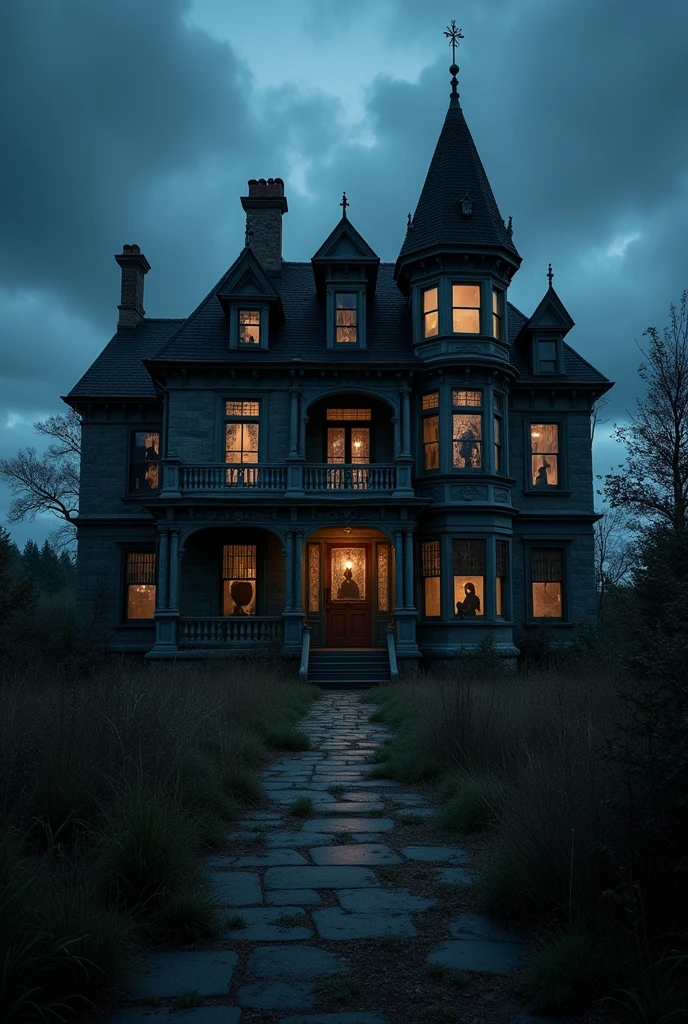 A Victorian-style mansion at night, with dark, heavy clouds looming above. The windows are faintly glowing, and shadowy figures can be seen peering out. The surroundings are overgrown with weeds, adding to the feeling of neglect and haunting."