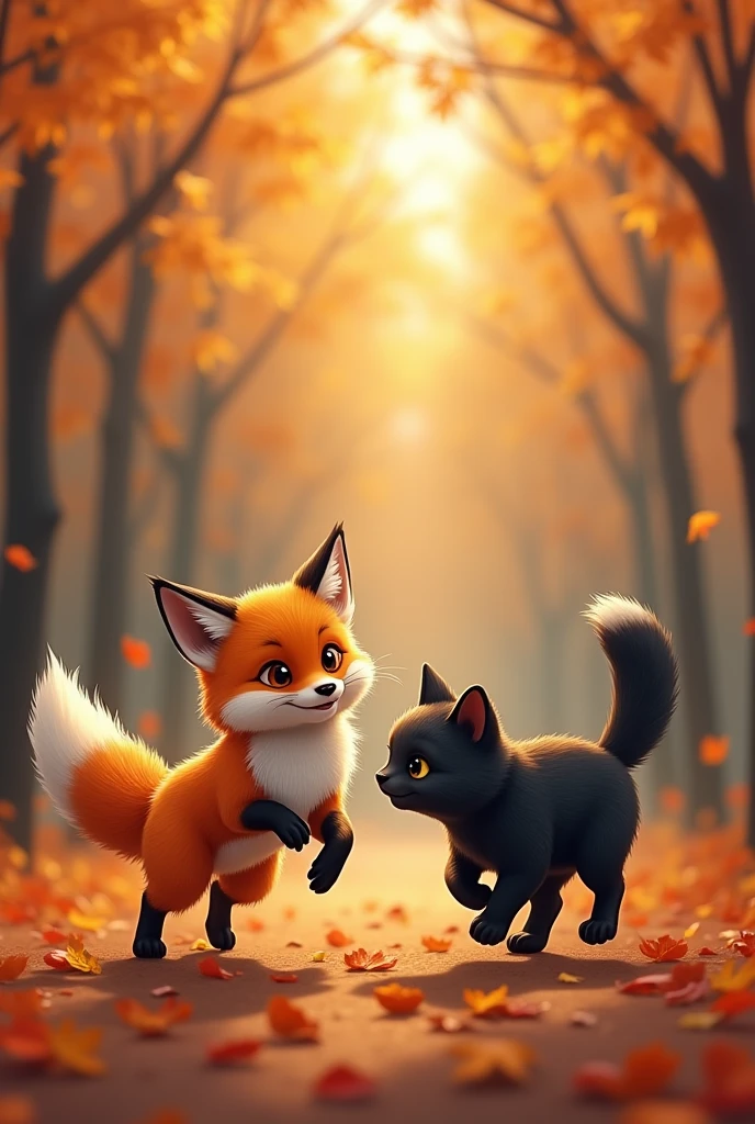 Fox playing with black cat in autumn realistic style full hd
