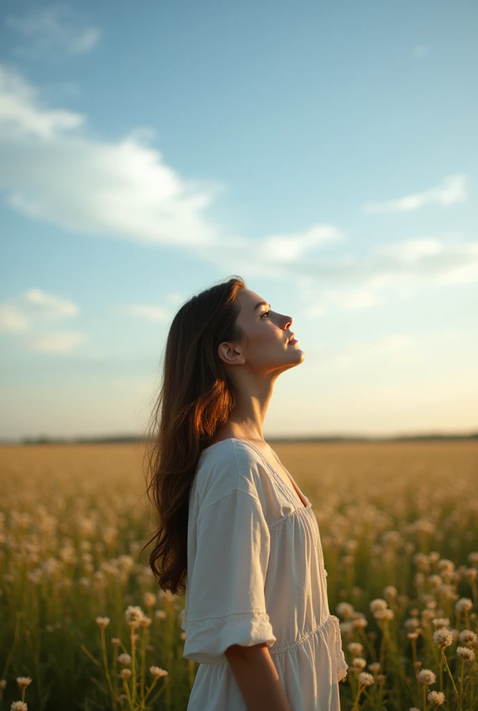 A young caucasian woman with a brown and long hair with your back to the camera watching the blue sky in an open field