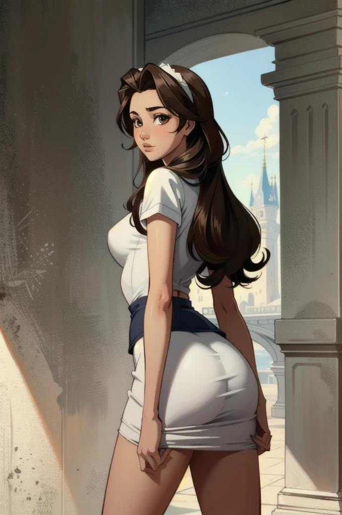 ((ultra detailed, masterpiece, best quality))
 DisneyBelle, 1girl, solo, brown hair, brown eyes, long hair, short skirt barely covering ass