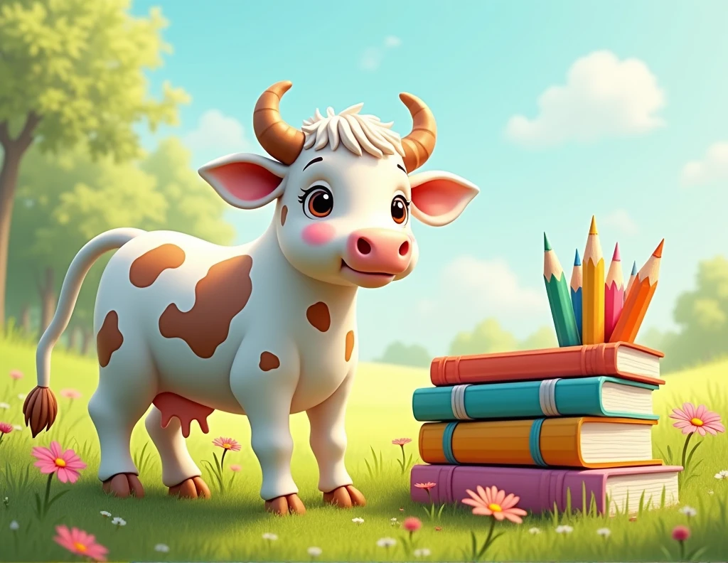 A white cow with its brown spots, mer, with positions linked to a stationery brand, some positions would be with a pencil