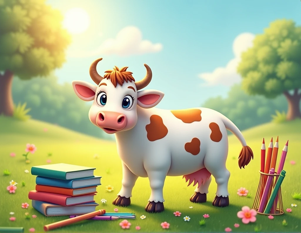 A white cow with its brown spots, mer, with positions linked to a stationery brand, some positions would be with a pencil