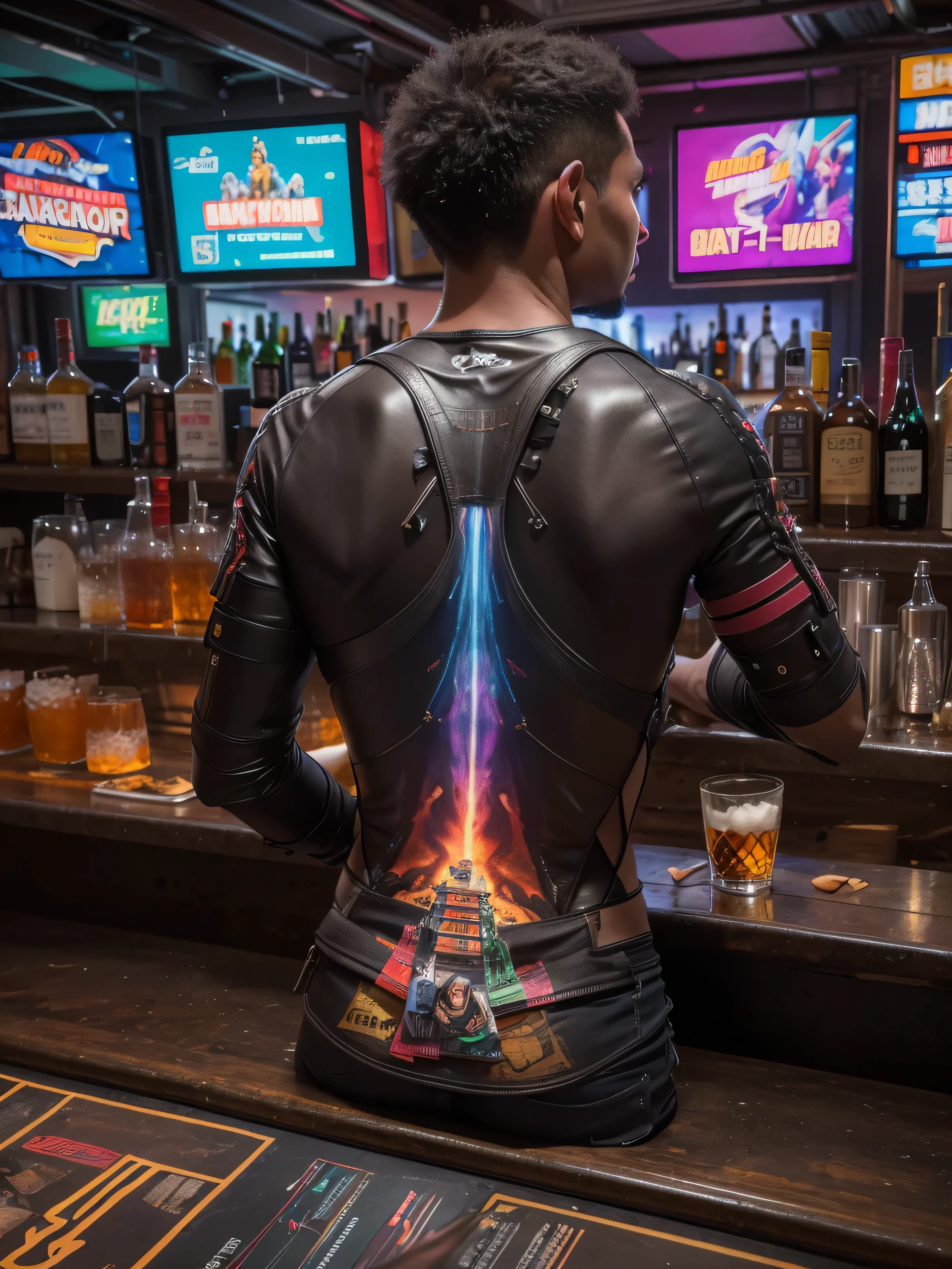 (((Masterpiece))),high resolution,realistic details,sharp focus, hyper-realistic photo of 2 samurais at a bar,(((2 guys at a bar))),(samurai outfit),Fisheye 5 mm lens taken from behind, cyberpunk scene, cyberpunk vibe, New York city in the year of 2527. Super futuristic bar, sharp details,anatomically correct bodies, depth in vision,(depth in vision 1.3), illuminated by vibrant neon lights and holograms. Capture the scene from a street-level perspective during a dark and rainy night. The atmosphere should convey a bustling yet ominous mood, highlighting the contrast between the dystopian environment and advanced technology.(Very detailed: 1.3),4k, back shot