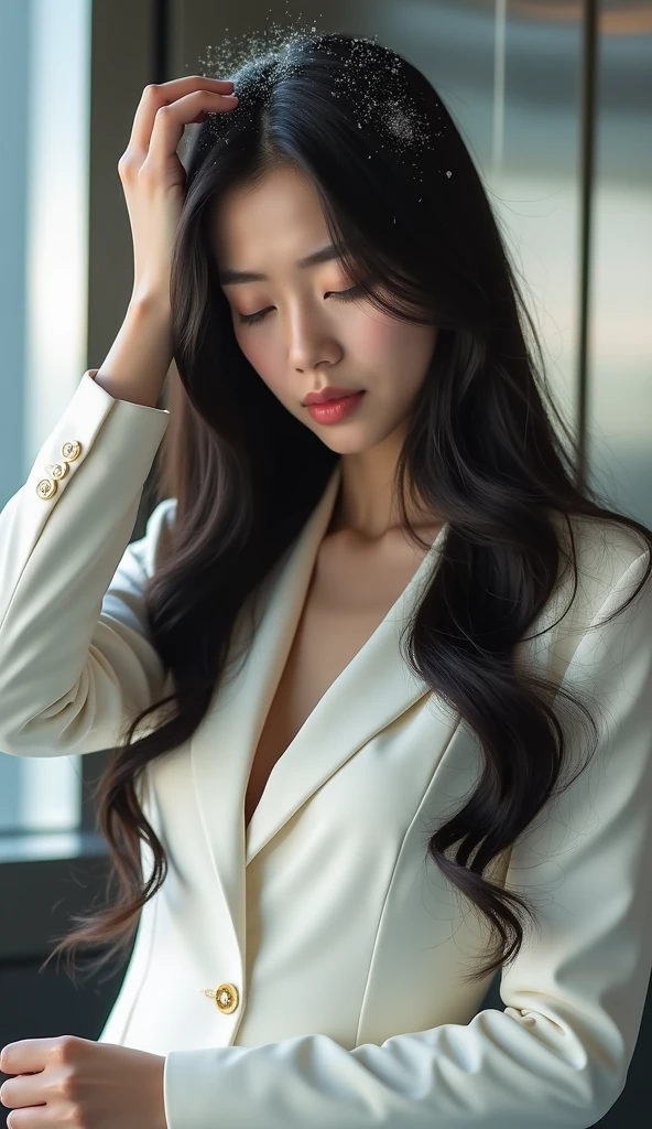 Create an Asian long-haired beauty，Wearing white business attire，Scratching the scalp with both hands，There is a lot of dandruff on the top of the head，White fine dandruff on the top of the head，The expression is unhappy，The characters are realistic and realistic，Office Background，9:16 frames，Ultra-high-definition picture quality