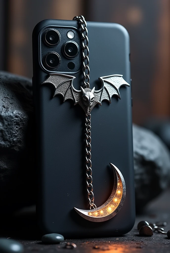 Phone case with silver 3d bat under the camera, chain passing through the middle of the cover vertically going from the right side to the left, half moon at the bottom of the cll on the right side