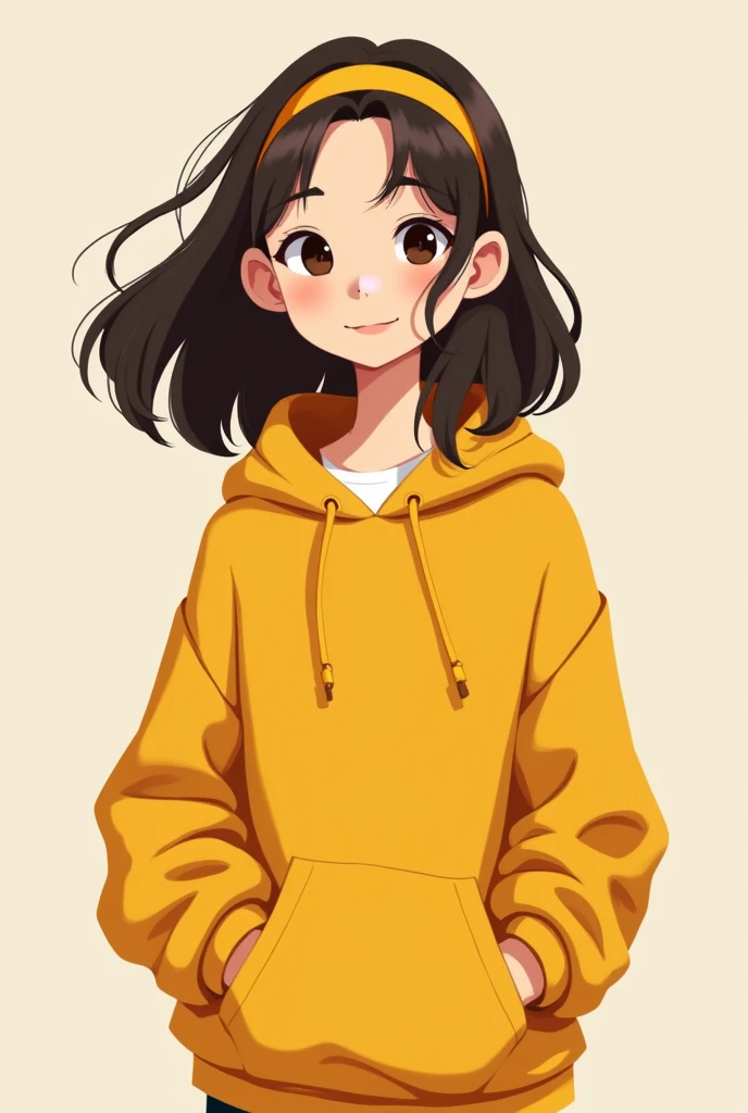 2D Minimalist Character Design. black outline. Girl with loose dark brown hair. In a yellow hoodie. headband. Round ears.