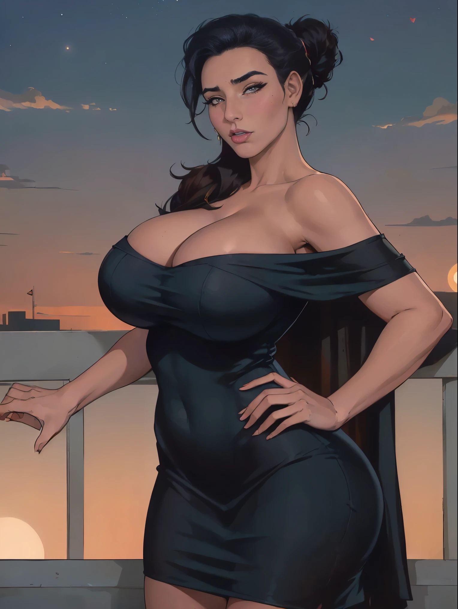 Gorgeous and sultry busty athletic (thin) brunette model with sharp facial features wearing a dark blue off-shoulder sleeveless dress, updo, tight dress, sweetheart neckline, strapless, short sleeves, tight dress. On a balcony, city skyline, sunset, evening, nighttime.