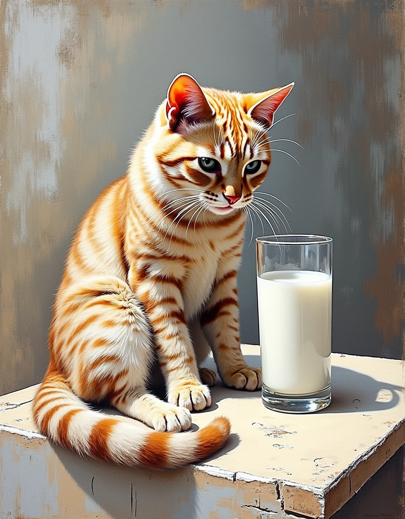 There is one cat sitting next to a glass of milk, cat drinking milk, Illustration of 1 cat, ultra-realistic illustration, ultra-realistic illustration, hyper-realistic illustration, one cat. lifelike painting, by Wayne England, realistic illustration, hyper realistic illustration, portraite, close portraite, award-winning hyper-realist, por Lisa Milroy, by Galen Dara