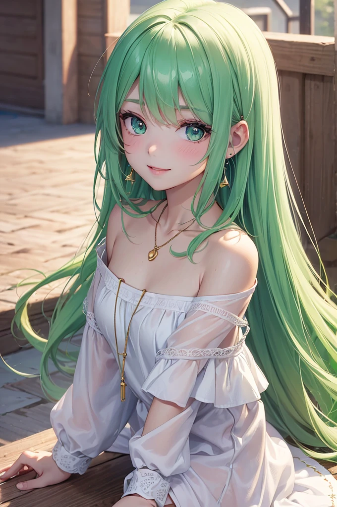 Best Quality,High resolution,8k,(plain white background, no patterns, no textures, just a plain white background:1.3),Masterpiece:1.2),beautiful girl,Shiny green hair,messy hair,Green Eyes,Gentle look,A refreshing look,smile,Best quality,Best Quality,Aesthetic and aesthetic:1.2,Best details((Super detailed))(High-definition CG illustrations),Slender body,smile,blush,cute,Scrounge,Looking up,Being spoiled,off shoulder, paired with pre-ripped jeans, colorful cotton fabric with a subtle pattern, casual sneakers with a pop of color, Accessories include a playful pendant necklace and colorful stud earrings, super model