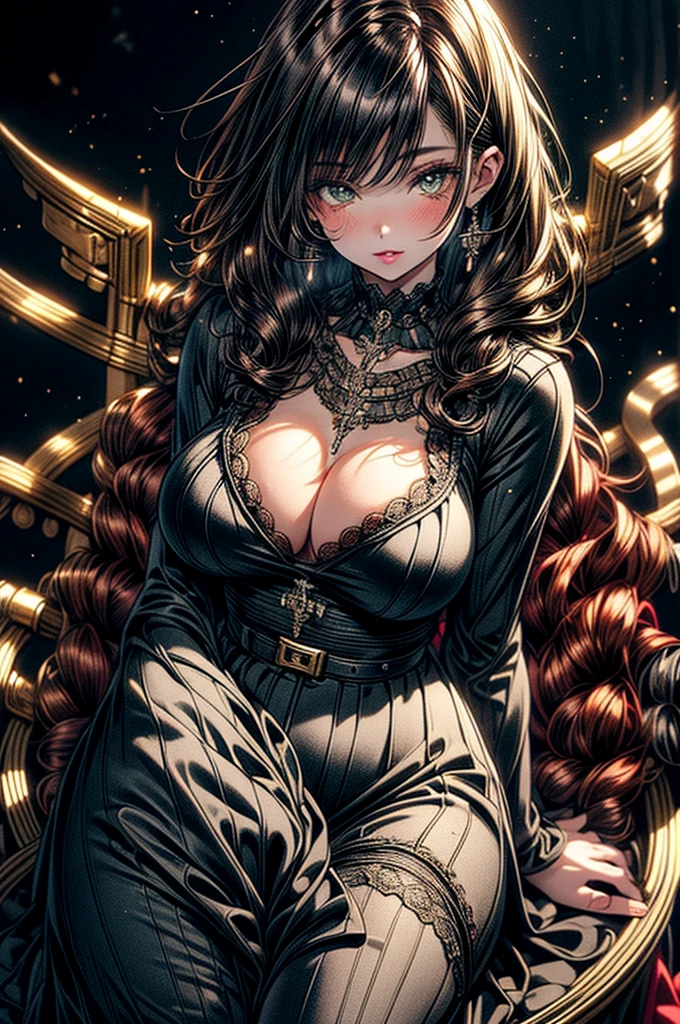 highest quality, ultra high resolution, super detailed, gorgeous, masterpiece, best quality, high resolution finely detailed, extremely beautiful, distinct image, ((best quality)) ((best quality)), ((masterpiece)), (detailed), 4k image, anime style, beautiful young girl, age girl, fair white skin, oval shaped face, seductive and sharp facial features, lacy and elegant shawl nightdress, astonishing sex eal, curly hazel-brown hair, slim, curvy body, green eyes, full lips, medium height, large breasts