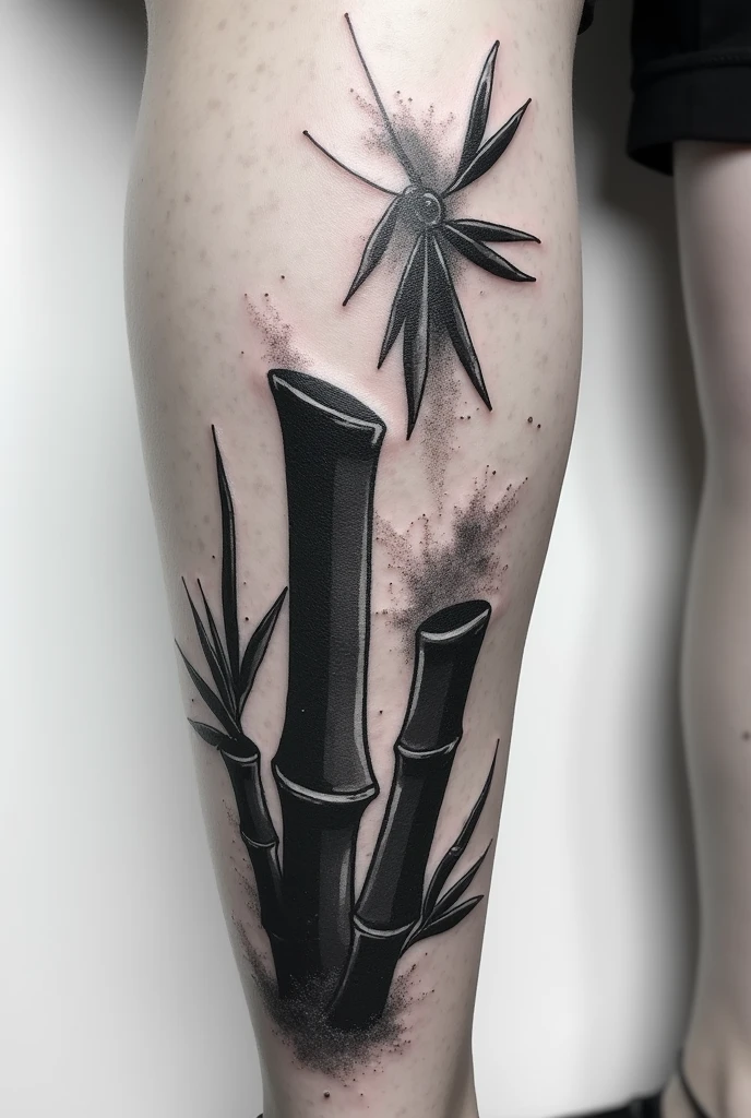 Create a black and white pointillism tattoo of a destroyed broken bamboo for the leg