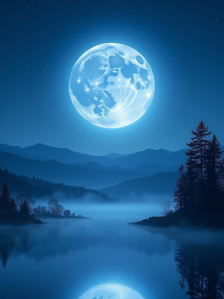 A breathtaking night sky showcasing a full seasonal blue moon glowing with a soft, ethereal blue hue. The moon is large and radiant, casting a mystical light over a serene landscape below. The sky is clear, filled with sparkling stars, and a gentle, silvery mist rises from a calm lake, reflecting the blue moonlight. Silhouettes of distant mountains and trees frame the scene, adding a sense of depth and tranquility to the composition. The overall atmosphere is peaceful and otherworldly, capturing the rare beauty of a seasonal blue moon
