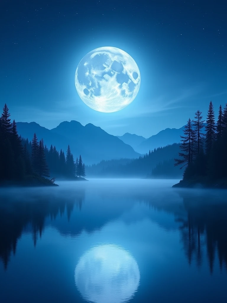 A breathtaking night sky showcasing a full seasonal blue moon glowing with a soft, ethereal blue hue. The moon is large and radiant, casting a mystical light over a serene landscape below. The sky is clear, filled with sparkling stars, and a gentle, silvery mist rises from a calm lake, reflecting the blue moonlight. Silhouettes of distant mountains and trees frame the scene, adding a sense of depth and tranquility to the composition. The overall atmosphere is peaceful and otherworldly, capturing the rare beauty of a seasonal blue moon
