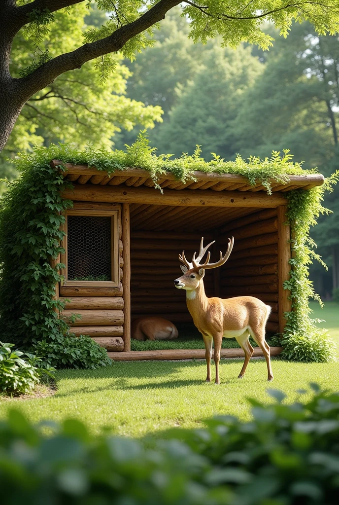 DESIGN FOR DEER’S SHELTER
Shelter in open garden area for deer to run and jump through with full greenery to mimic a natural forest environment
Tree logs to create the shelter
Large and open area
Lightweight and portable
Soft grass padded floor to provide comfortable resting area
Mesh windows for proper ventilation and allow deers to see outside world
Built in compartments for food
Water to keep them hydrated
Crow creepers to cover the shelter for giving it a look of natural landscape
Place the shelter in a quiet, shaded area of our yard