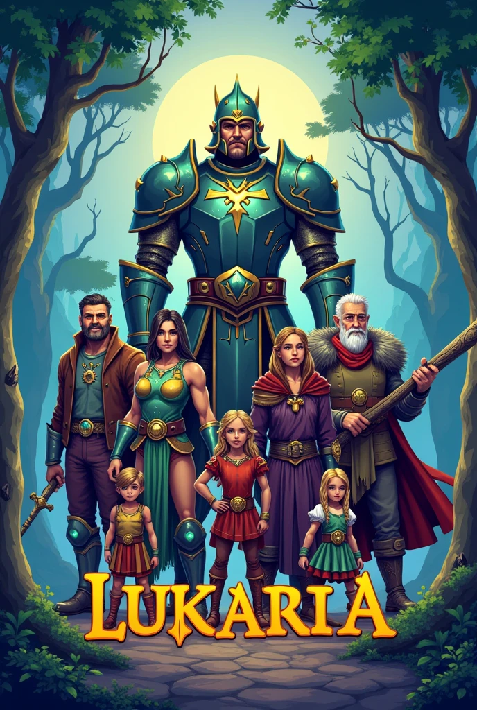 Create an image/2d cover half pixel ART 32-bit of an RPG called lukaria with this title in the middle a group With CR7 paladin of 2,10 m high,a 3 meter tall dragon warrior,a dwarf wizard,a druid of 1,90 tall,a 1-transmorph,90 m high,and a 2 year old elf,5 m high,and a ninja like those in cartoons from 1960,85,and a cleric with stone-encased gauntlets. In total, 8 people with these characteristics