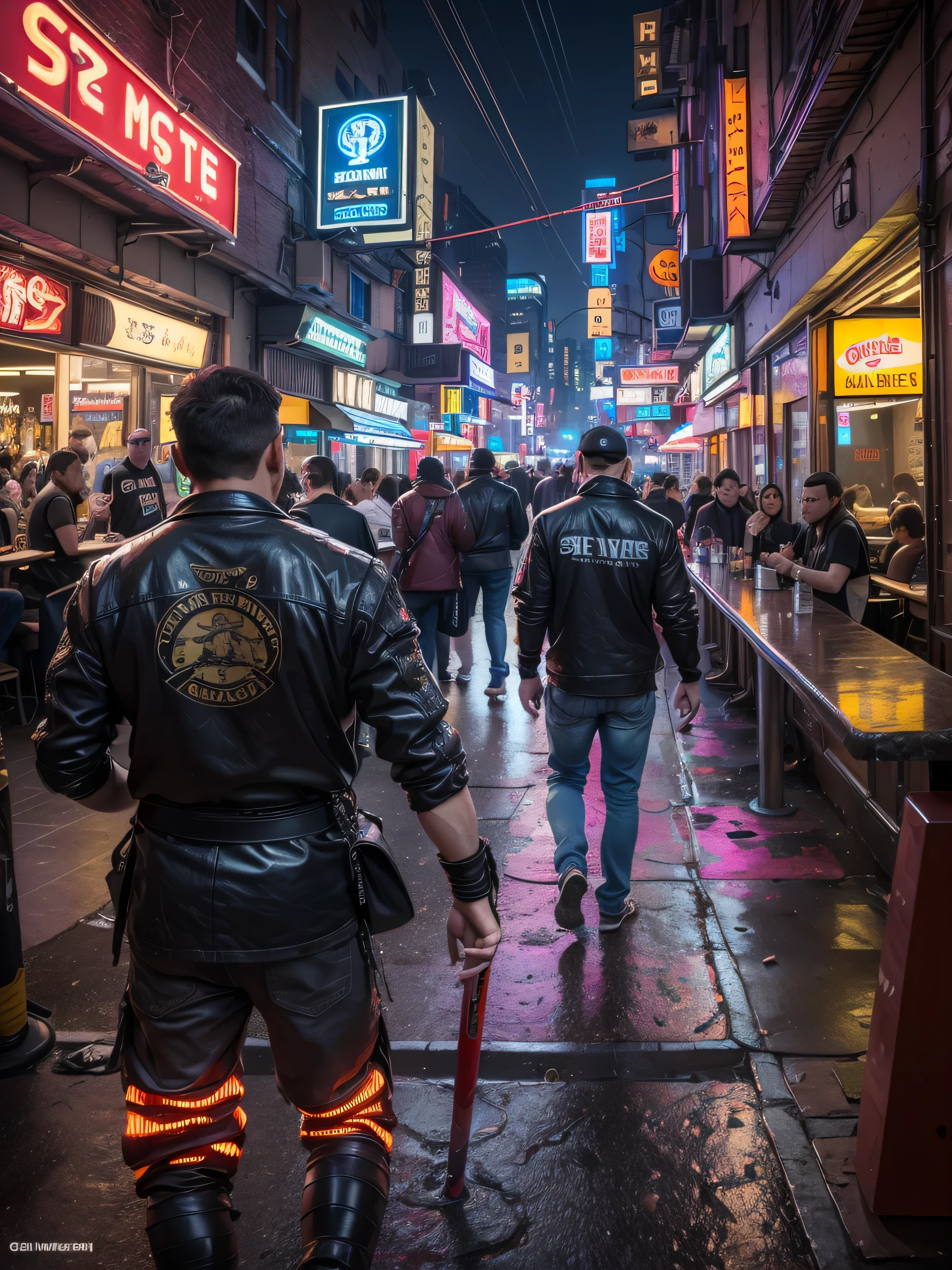(((Masterpiece))),high resolution,realistic details,sharp focus, hyper-realistic photo of 2 samurais at a bar,(((2 guys at a bar))),(samurai outfit),Fisheye 5 mm lens taken from behind, cyberpunk scene, cyberpunk vibe, New York city in the year of 2527. Super futuristic bar, sharp details,anatomically correct bodies, depth in vision,(depth in vision 1.3), illuminated by vibrant neon lights and holograms. Capture the scene from a street-level perspective during a dark and rainy night. The atmosphere should convey a bustling yet ominous mood, highlighting the contrast between the dystopian environment and advanced technology.(Very detailed: 1.3),4k, back shot
