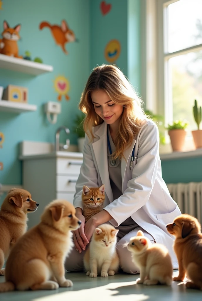 A white female leader with light brown eyes and brown hair with blonde highlights wearing a veterinarian&#39;s coat caring for numerous animals 