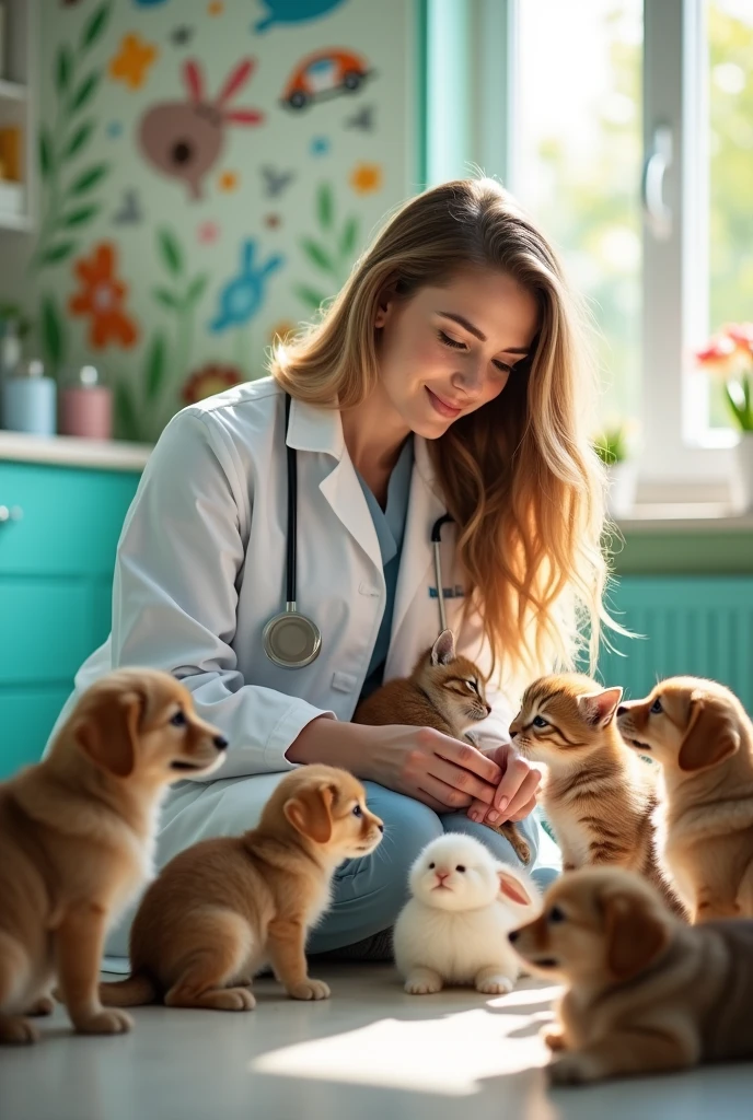 A white female leader with light brown eyes and brown hair with blonde highlights wearing a veterinarian's coat caring for numerous animals